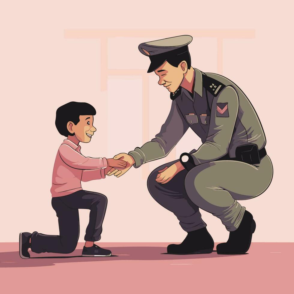 Vector of a man kneeling down next to a little boy