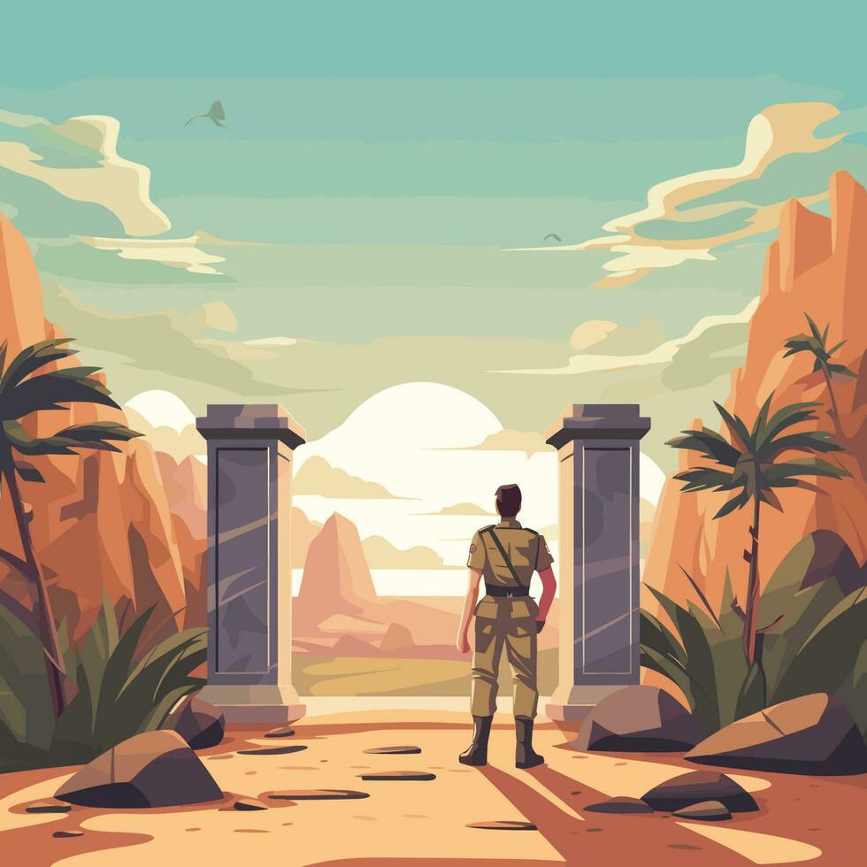 Vector of a man standing between two pillars in the desert