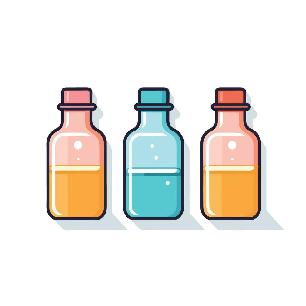 Vector of three flat bottles with various colored liquids inside