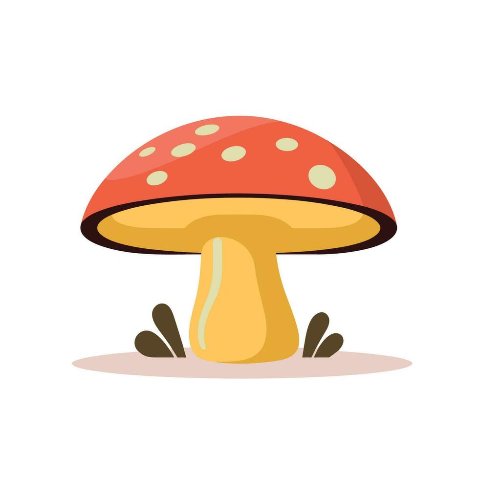 Vector of a cute and colorful flat cartoon mushroom sitting on the ground