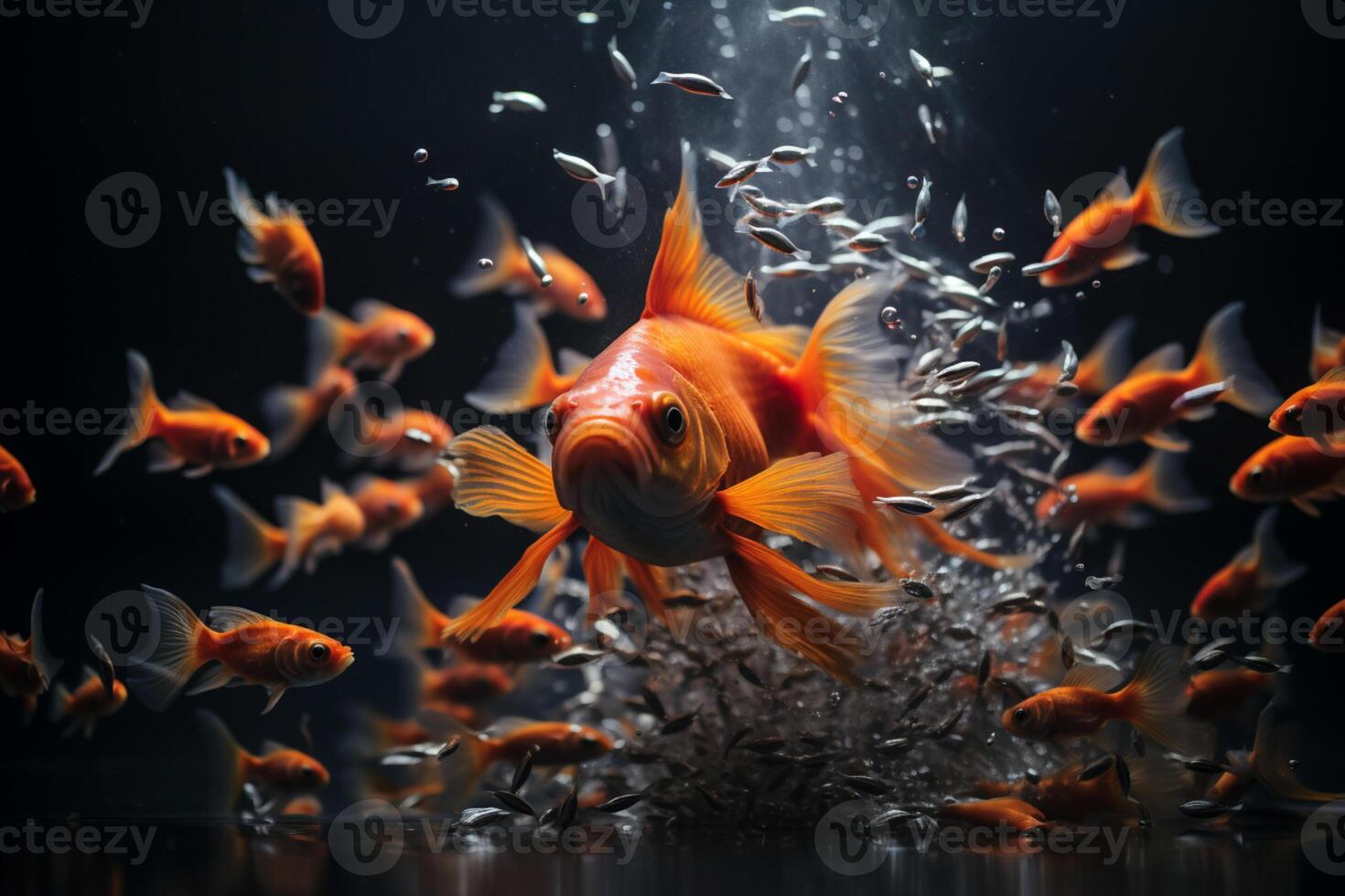 The charismatic goldfish with shark fin mentors a team of followers AI Generated photo