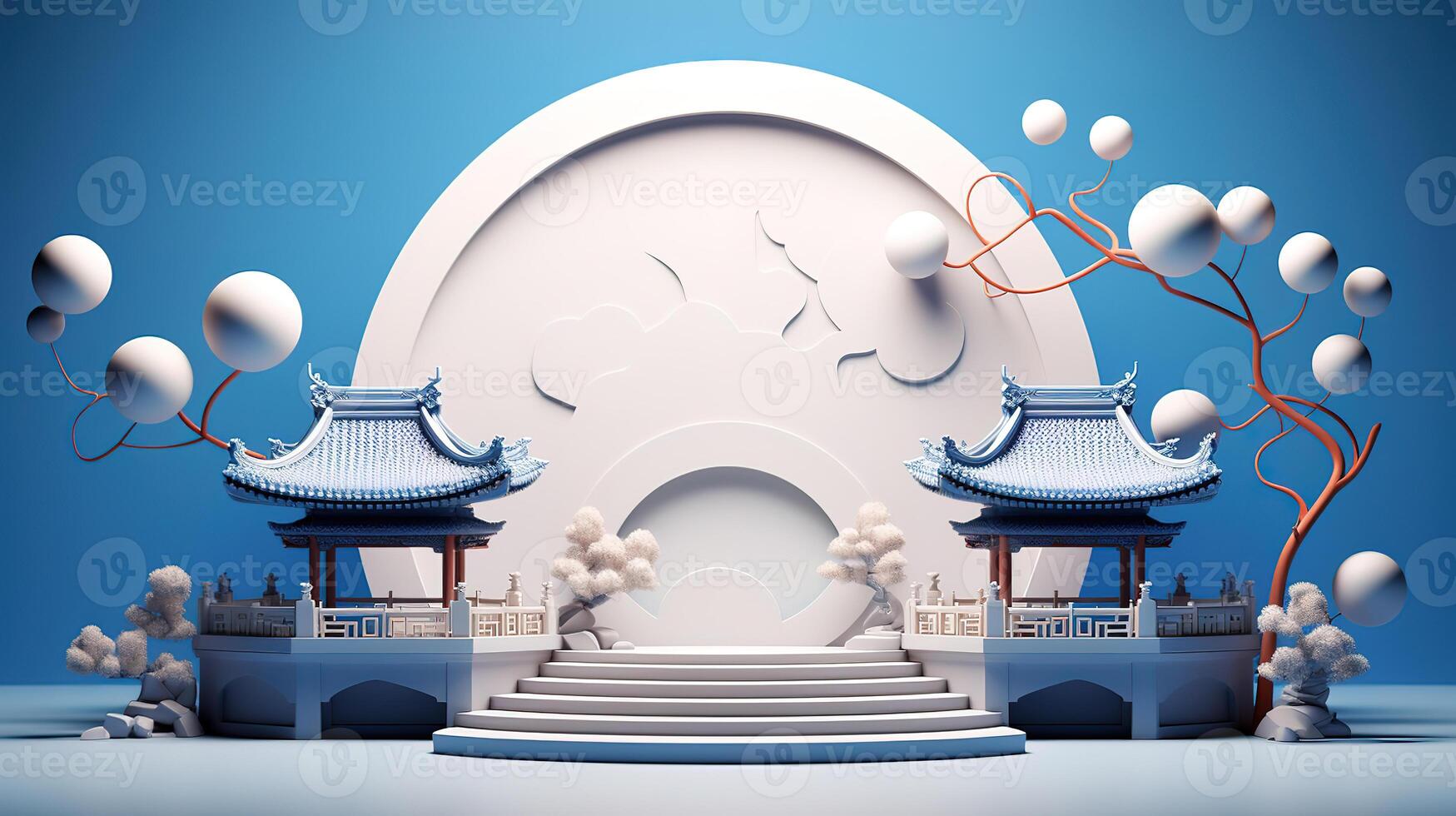 3d render of blue geometric podium and chinese decoration. photo