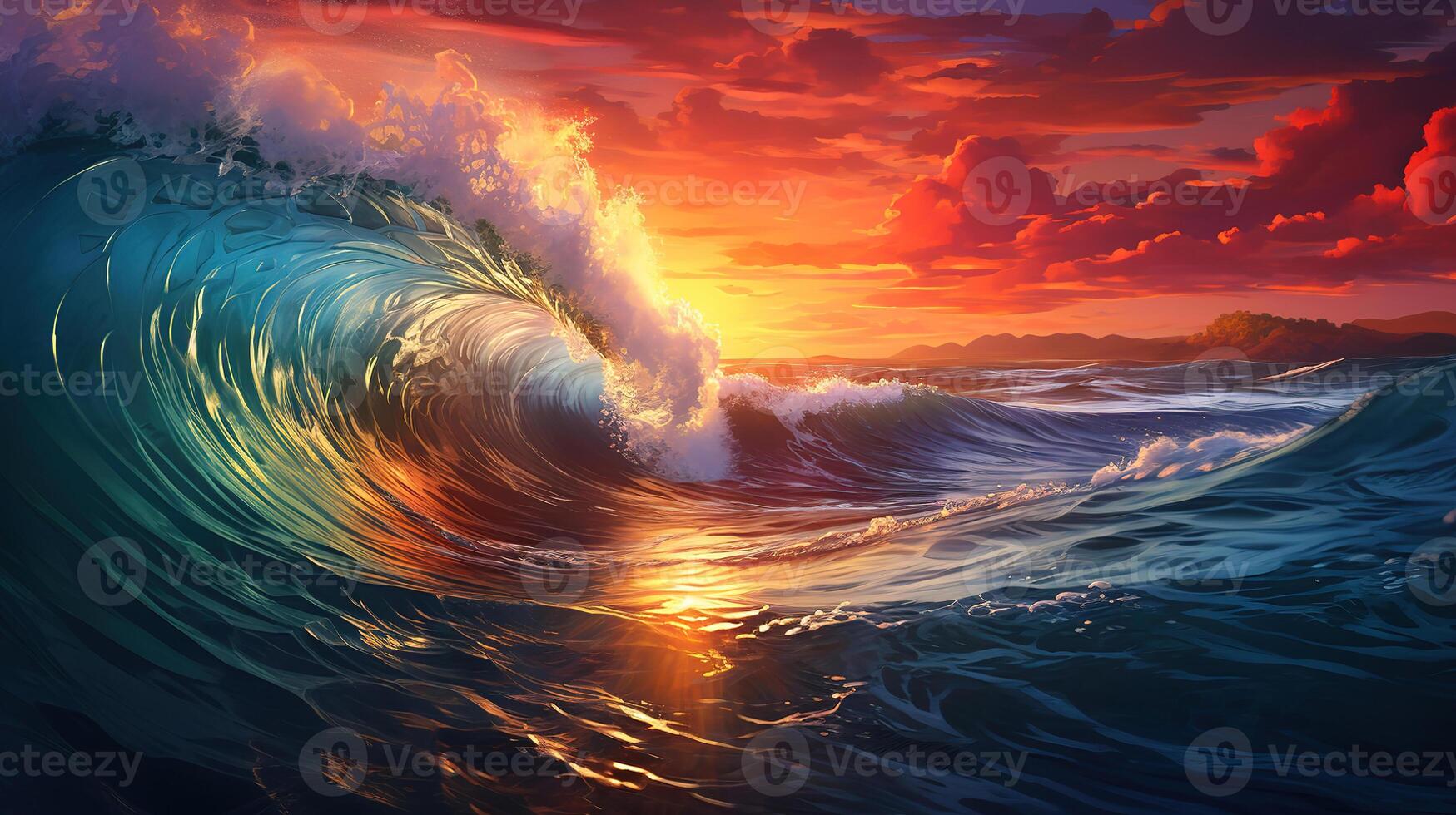 Sun back on sunset sky horizon wave on surface sea. photo