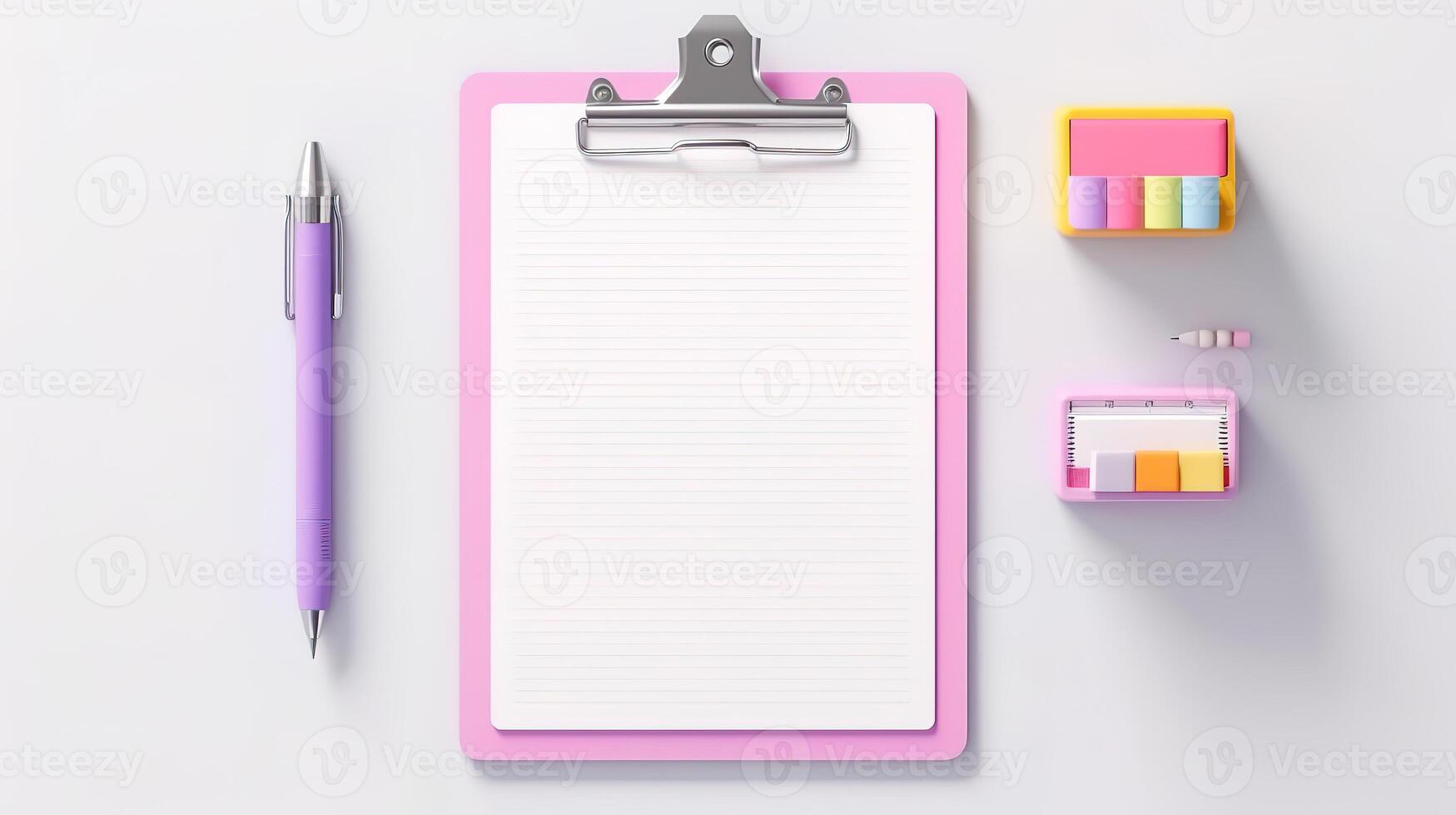 Clipboard with office supplies on white table. photo