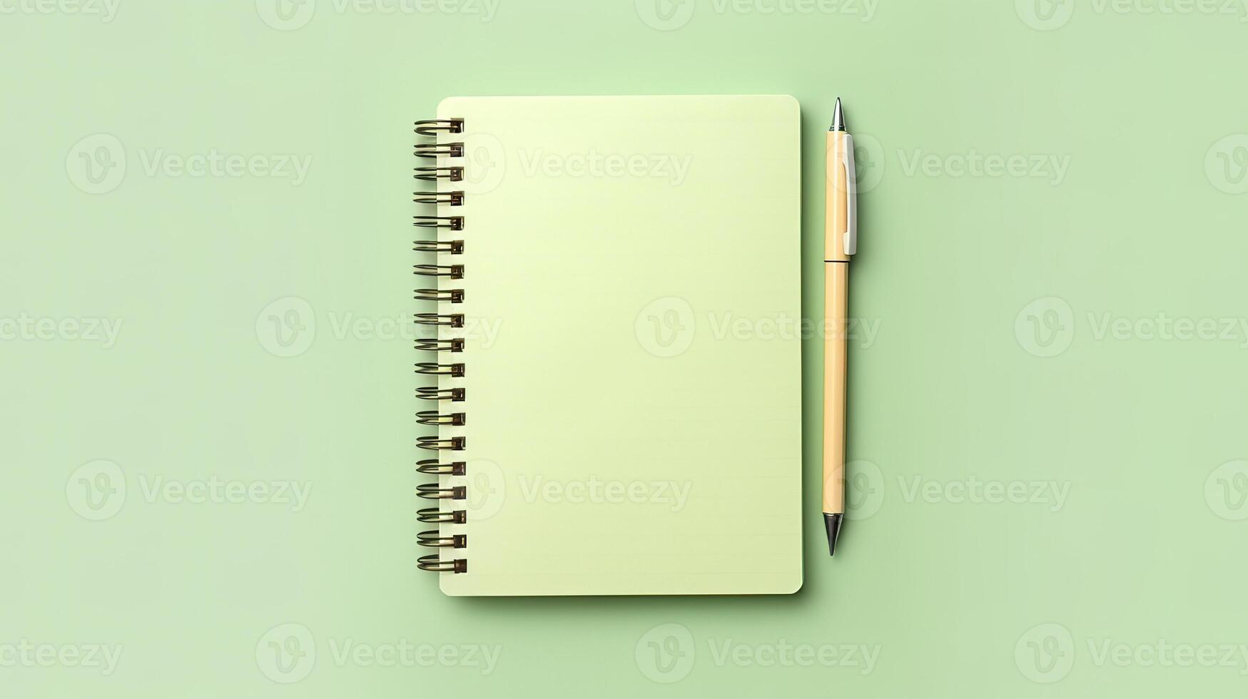 Top view of white notebook with pen on white and yellow background. photo
