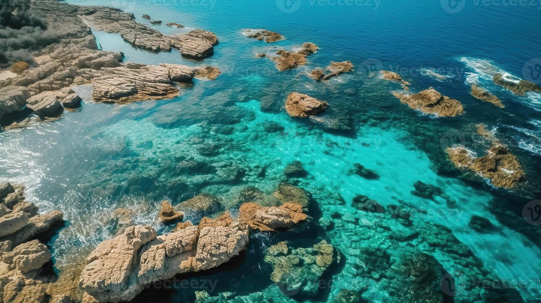 Aerial view of blue sea lagoon and yachts along the mediterranean coast. photo