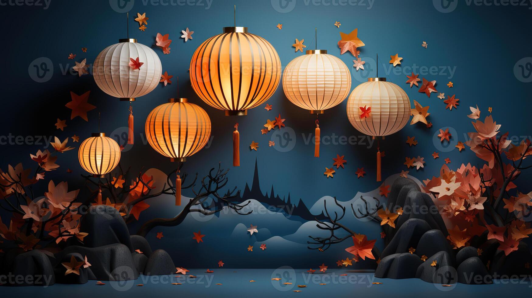 Glowing paper lanterns illuminate the winter night. photo