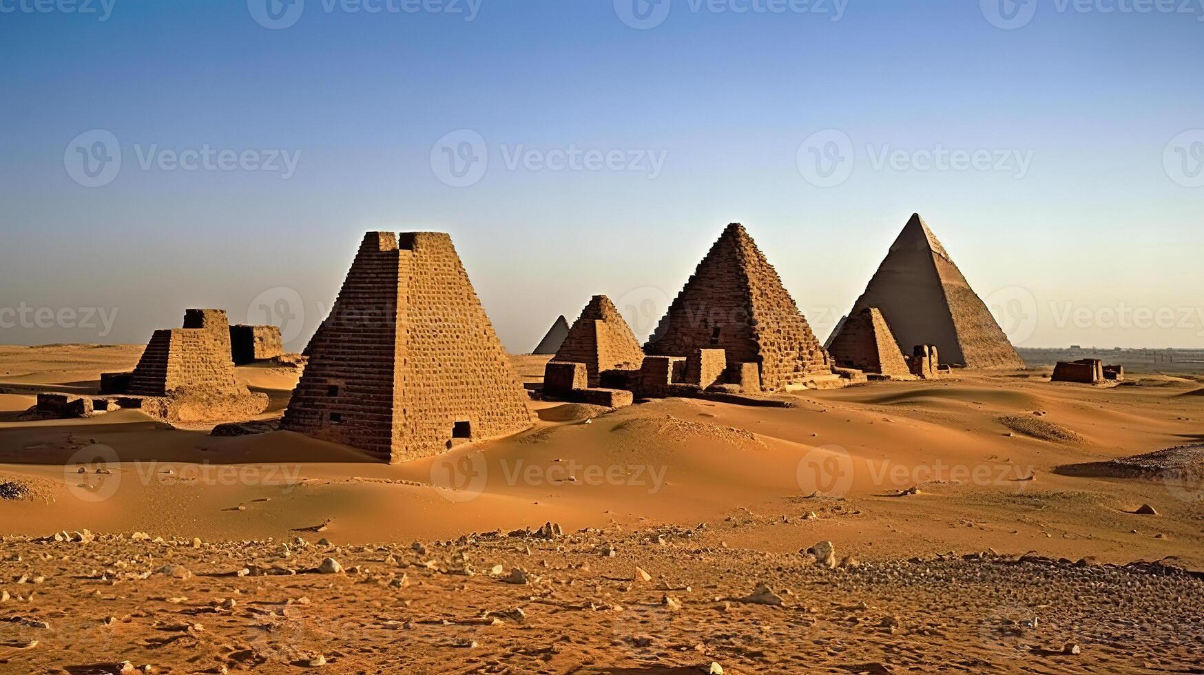 Background of egypt pyramids landscape with caravan of camels. photo