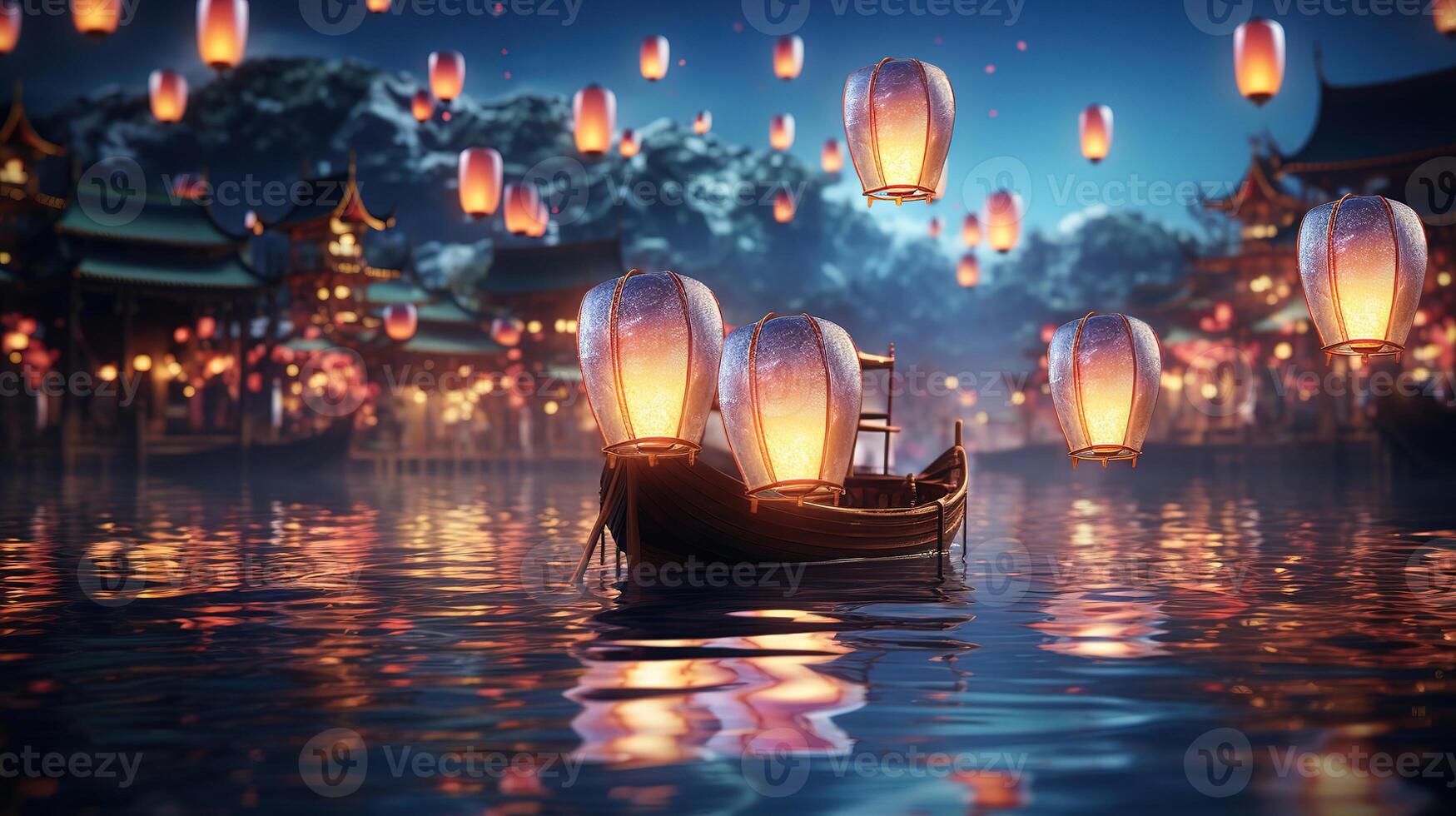 A Sea of Glowing Lanterns A Stunning Reflection Over Water. photo