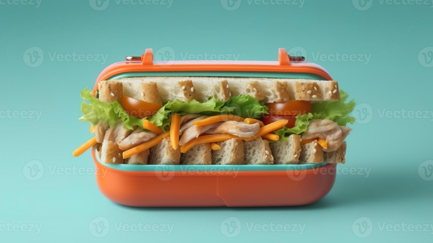 Lunch box with chicken salad sandwiches and carrot sticks, horizontal. photo