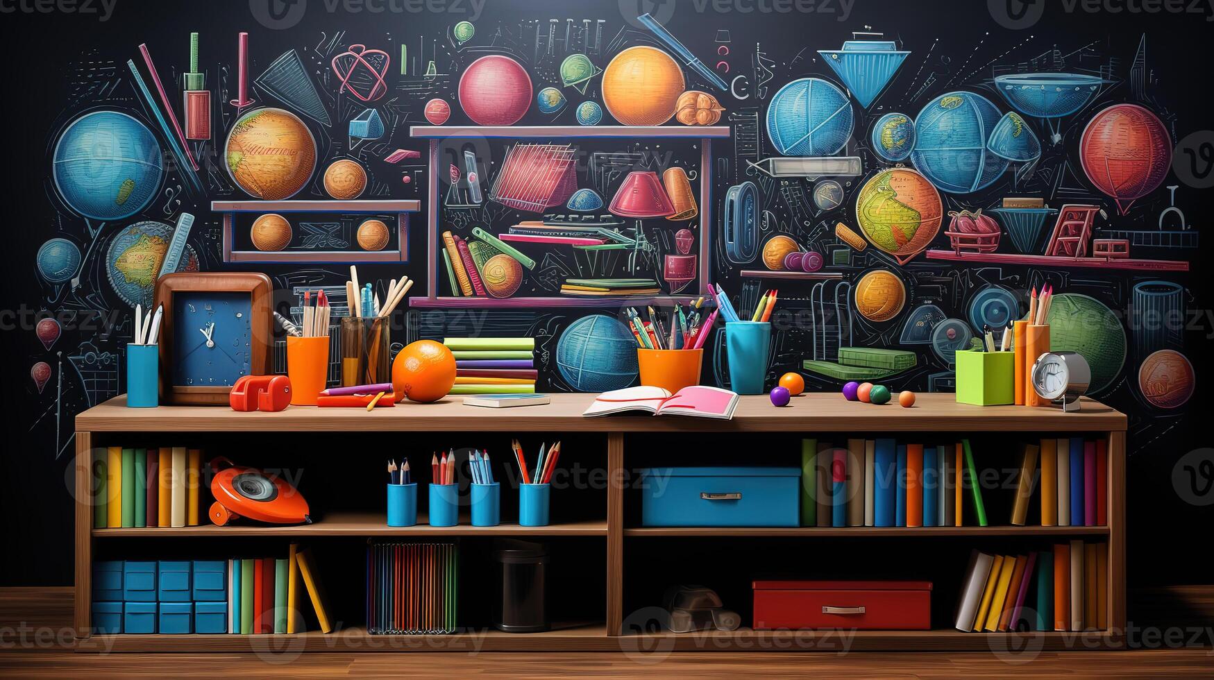 Hand drawn school elements in blackboard style. photo