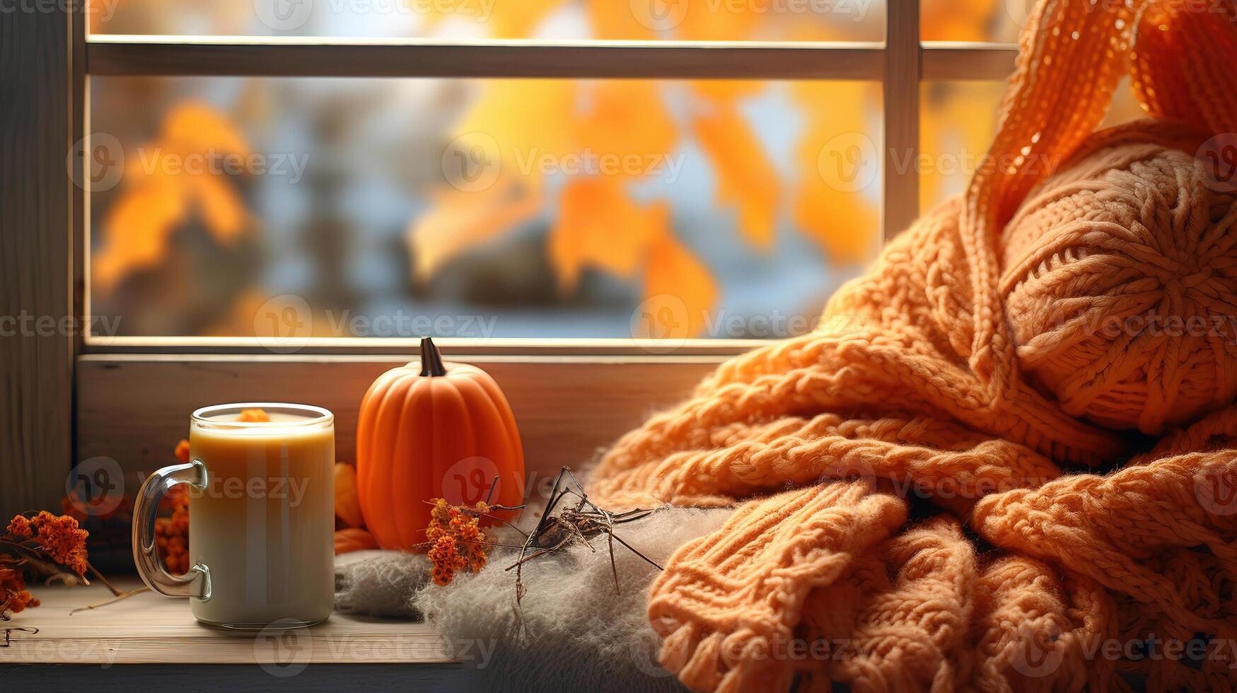 Autumn cozy stilllife with pumpkins garland on windowsill halloween. photo