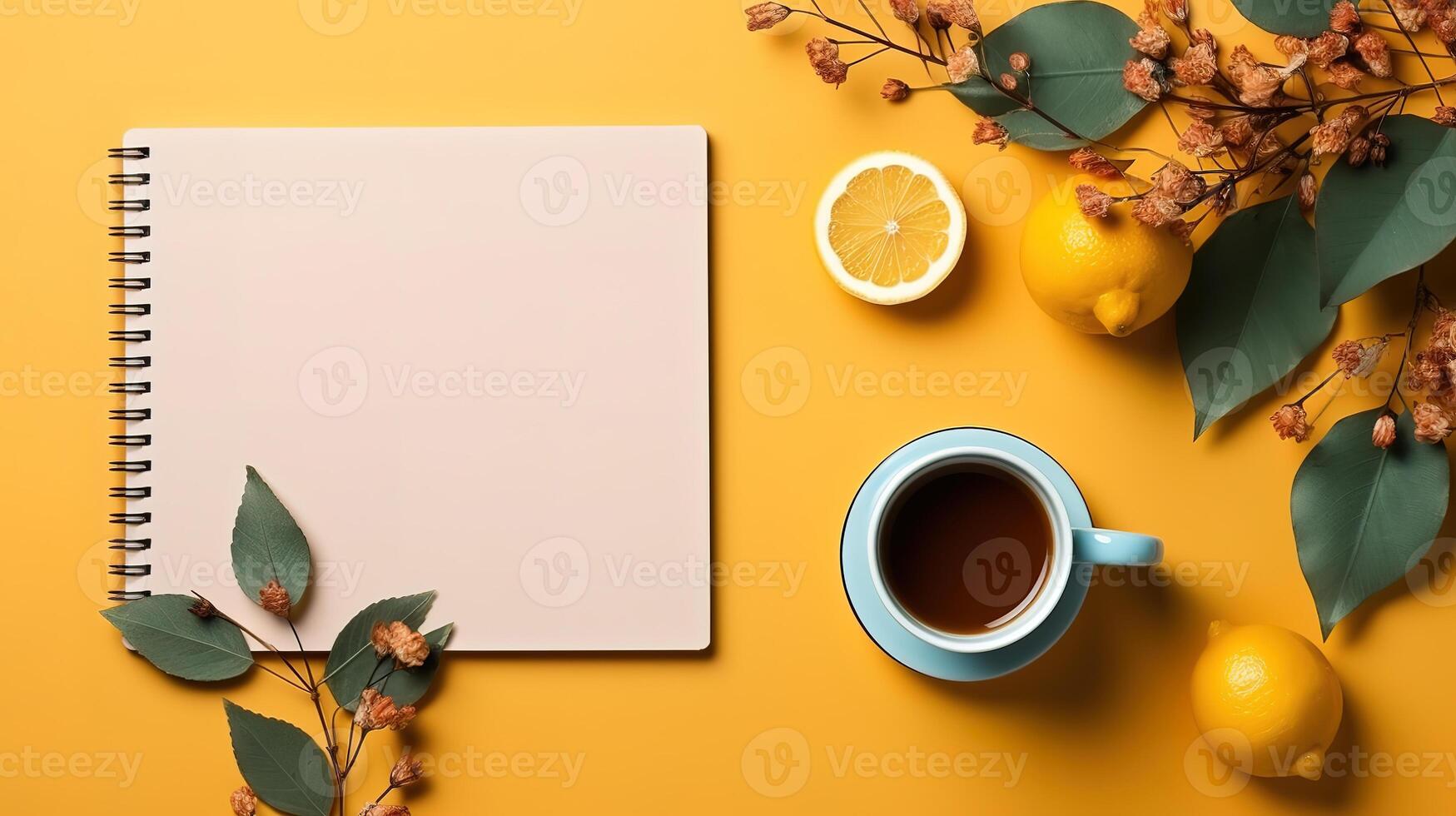 Autumn flat lay with notebook, cup of tea and leaves. photo