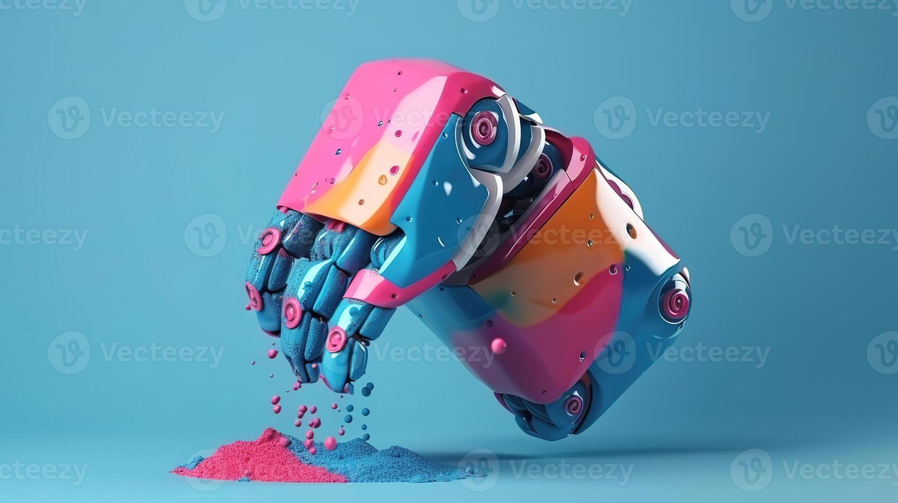 White cyborg hand using blue digital cube structure 3D rendering. photo