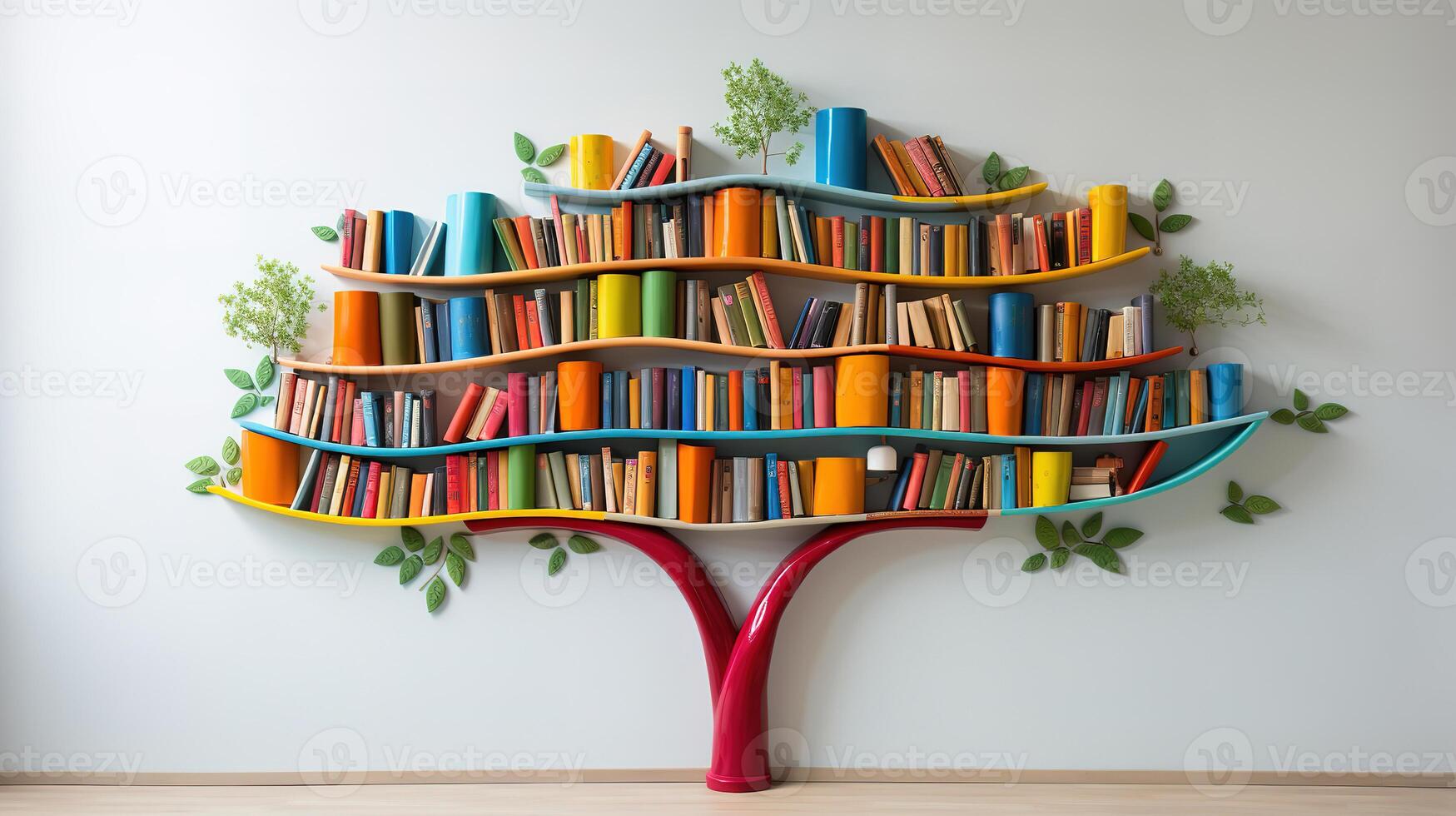 A white shelf with colorful books. photo