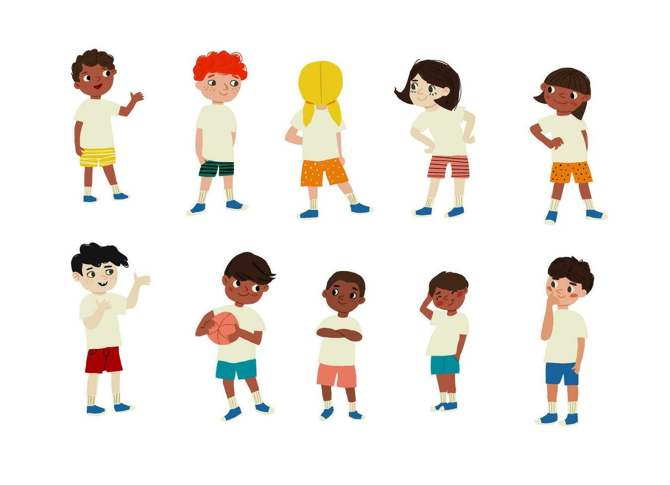 School children in stylish clothes, white tshirts, football isolated vector illustrations set on white background.