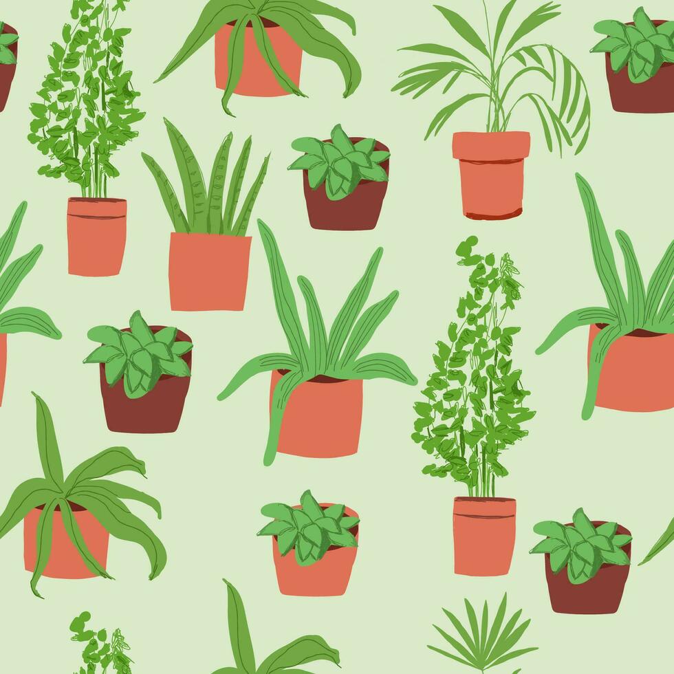 Trendy vector prints plants in flat style. Modern style is perfect for decor. Boho vector home plants - seamless pattern