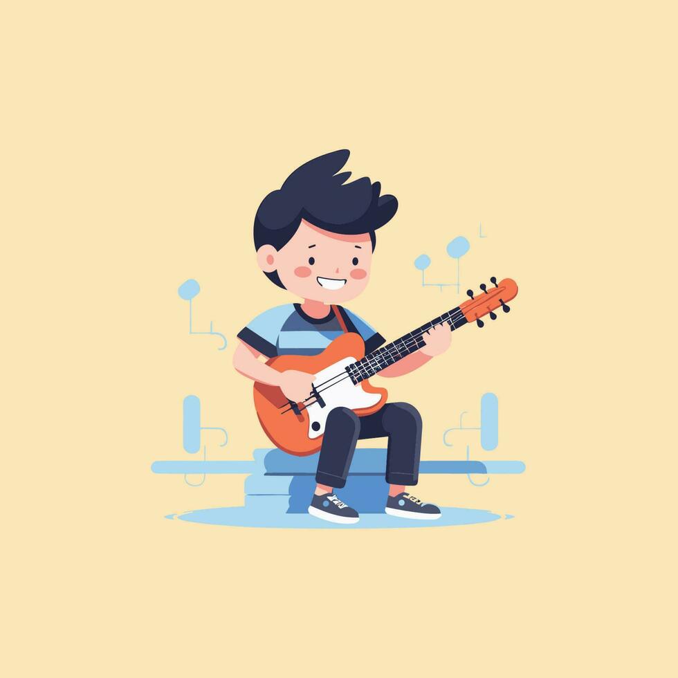 Vector of a young boy playing a guitar on the floor