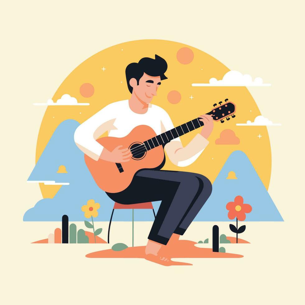 vector de un hombre jugando guitarra mientras sentado en un silla