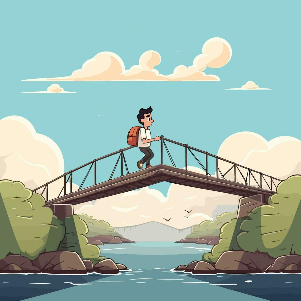 Vector of a man walking across a picturesque bridge over a serene river