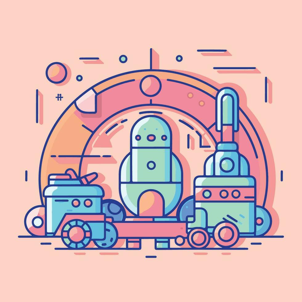 Vector of a vibrant and whimsical train with a rocket flying above it