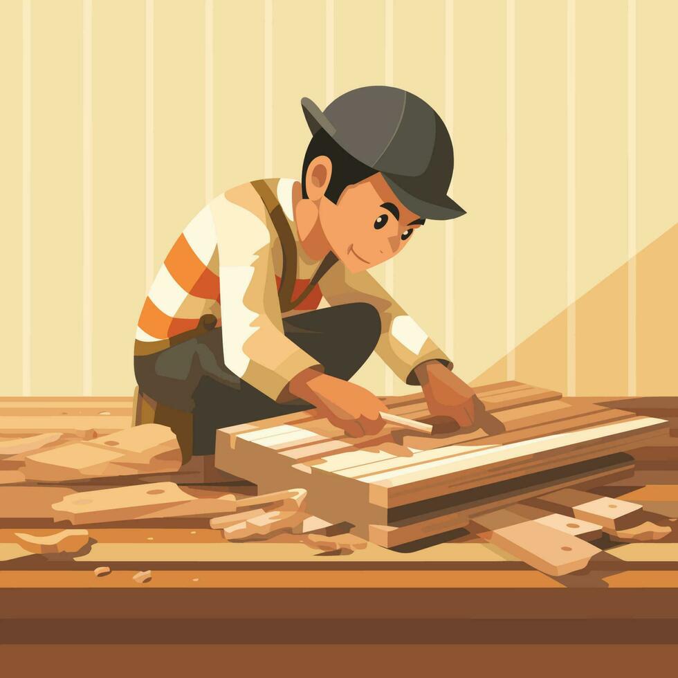 Vector of a man carving wood with a chisel and hammer in a workshop