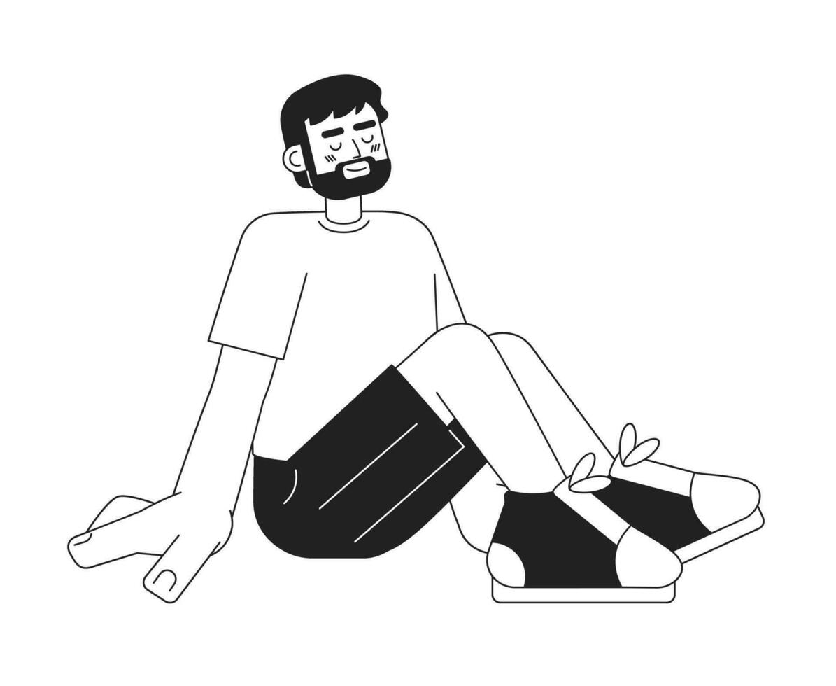 European bearded man on summer vacation monochromatic flat vector character. Guy sitting with smile. Editable thin line full body person on white. Simple bw cartoon spot image for web graphic design