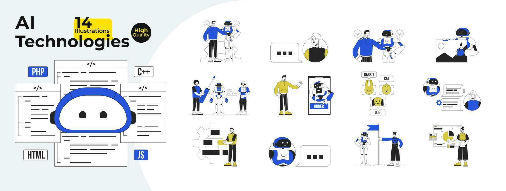 Robot and people interaction flat line concept vector spot illustrations bundle. AI technologies. Virtual friendship 2D cartoon characters on white for web UI design. Editable hero image collection