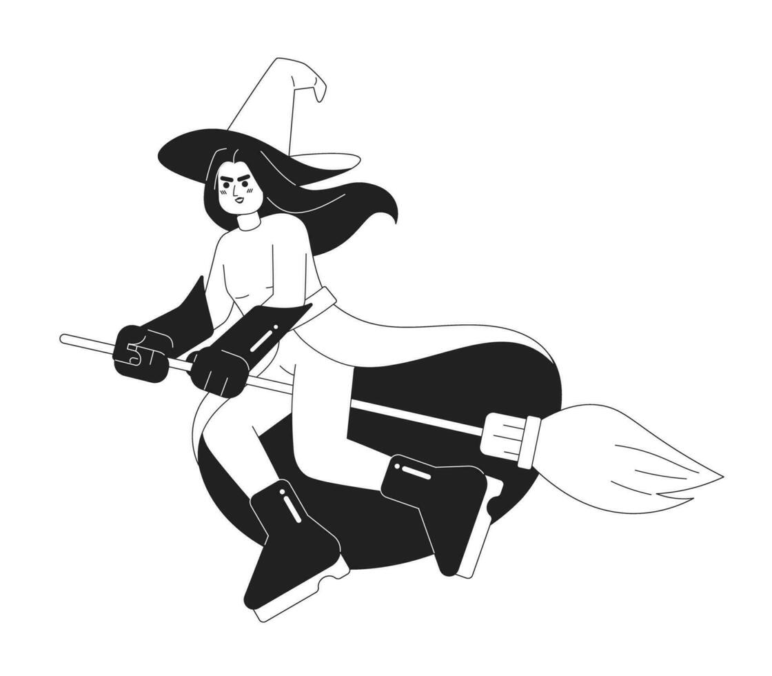Evil witch on broom monochromatic flat vector character. Editable full body enchantress with long silver hair and green skin on white. Simple bw cartoon spot image for web graphic design