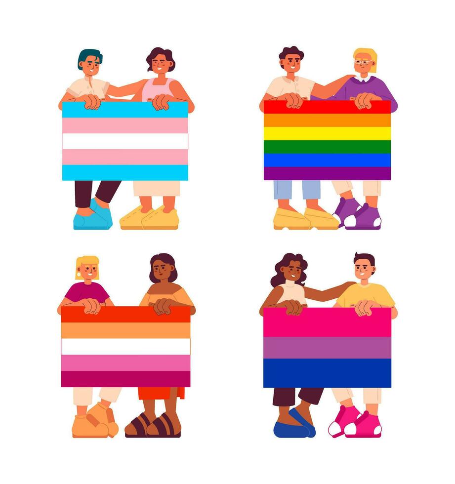 Happy people with lgbt flags semi flat color vector characters pack. Lgbt friendly community 2D cartoon characters on white for web UI design. Isolated editable creative hero images