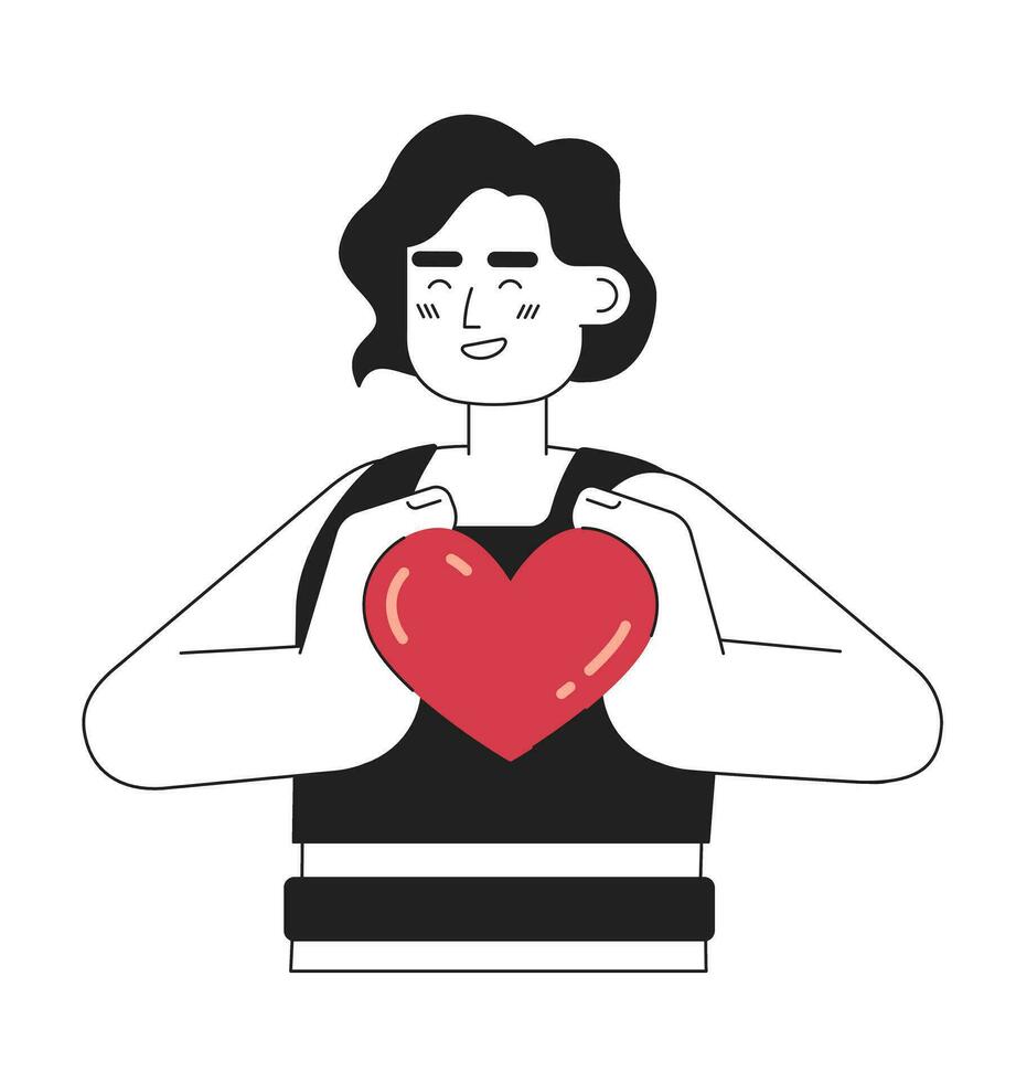 Positive brunette woman holds small heartmonochromatic flat vector character. Editable thin line half body young woman on white. Simple bw cartoon spot image for web graphic design