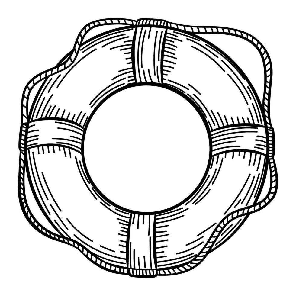 Lifebuoy with rope isolated sketch. Hand drawn life ring in engraving style. vector