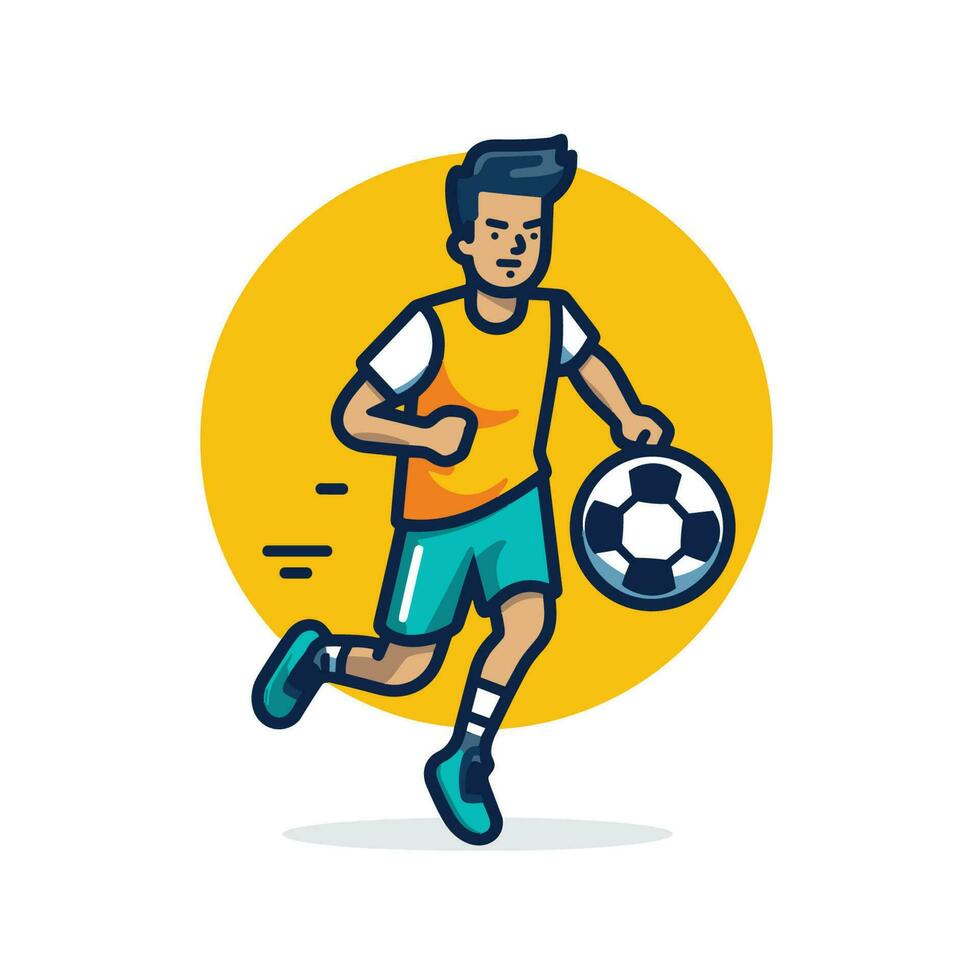 Vector of a man running with a soccer ball in his hand on a flat surface