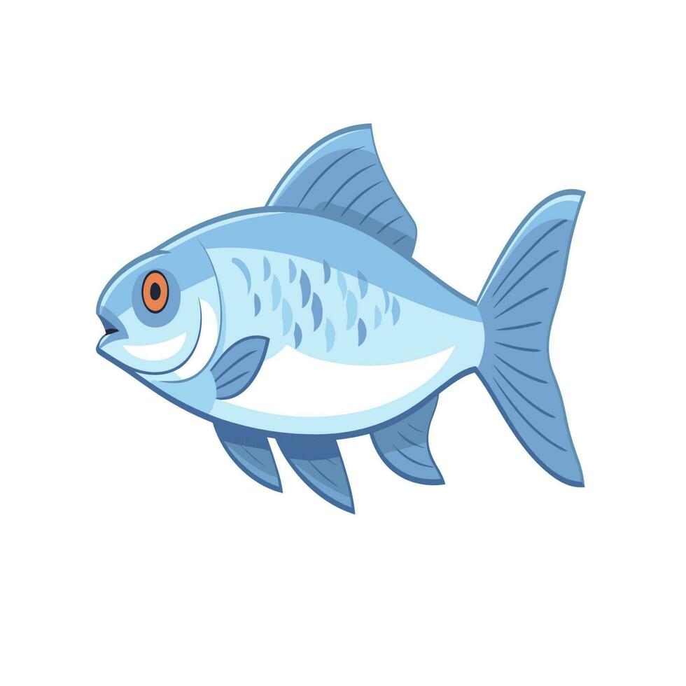 Vector of a flat icon of a blue fish with orange eyes on a white background
