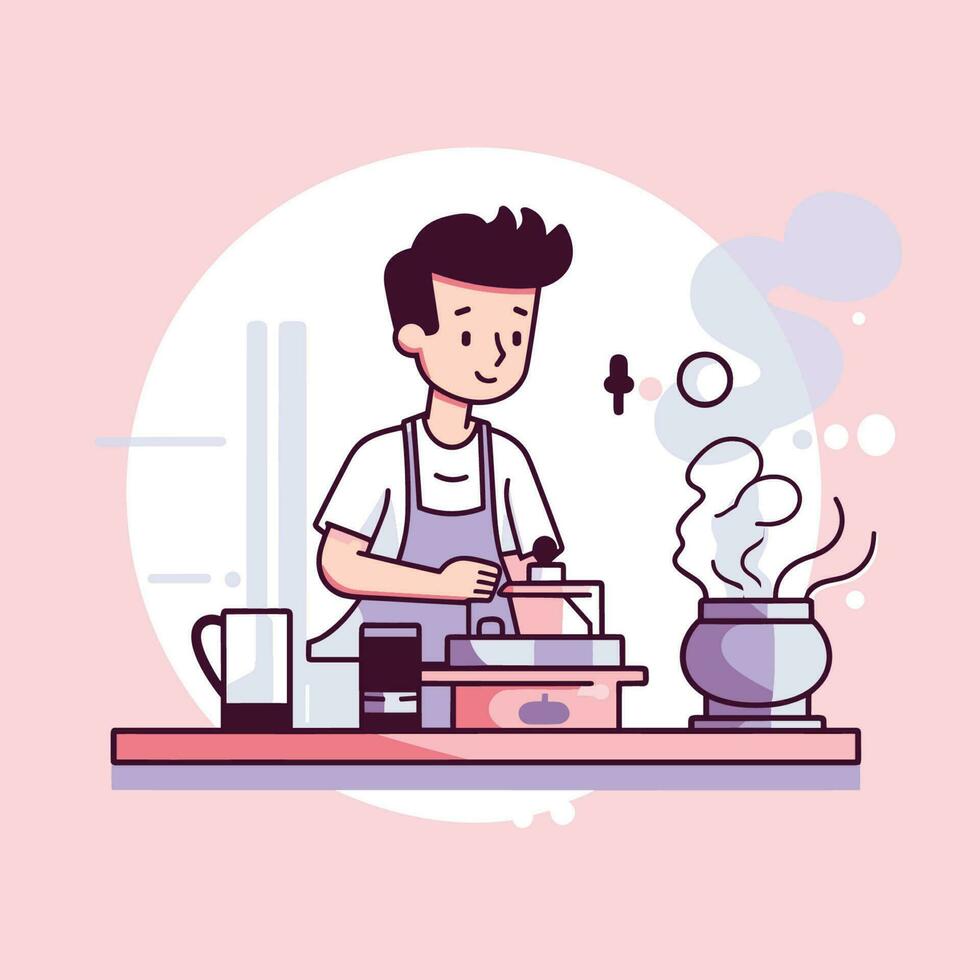 Vector of a man cooking in a kitchen with a pot on the stove