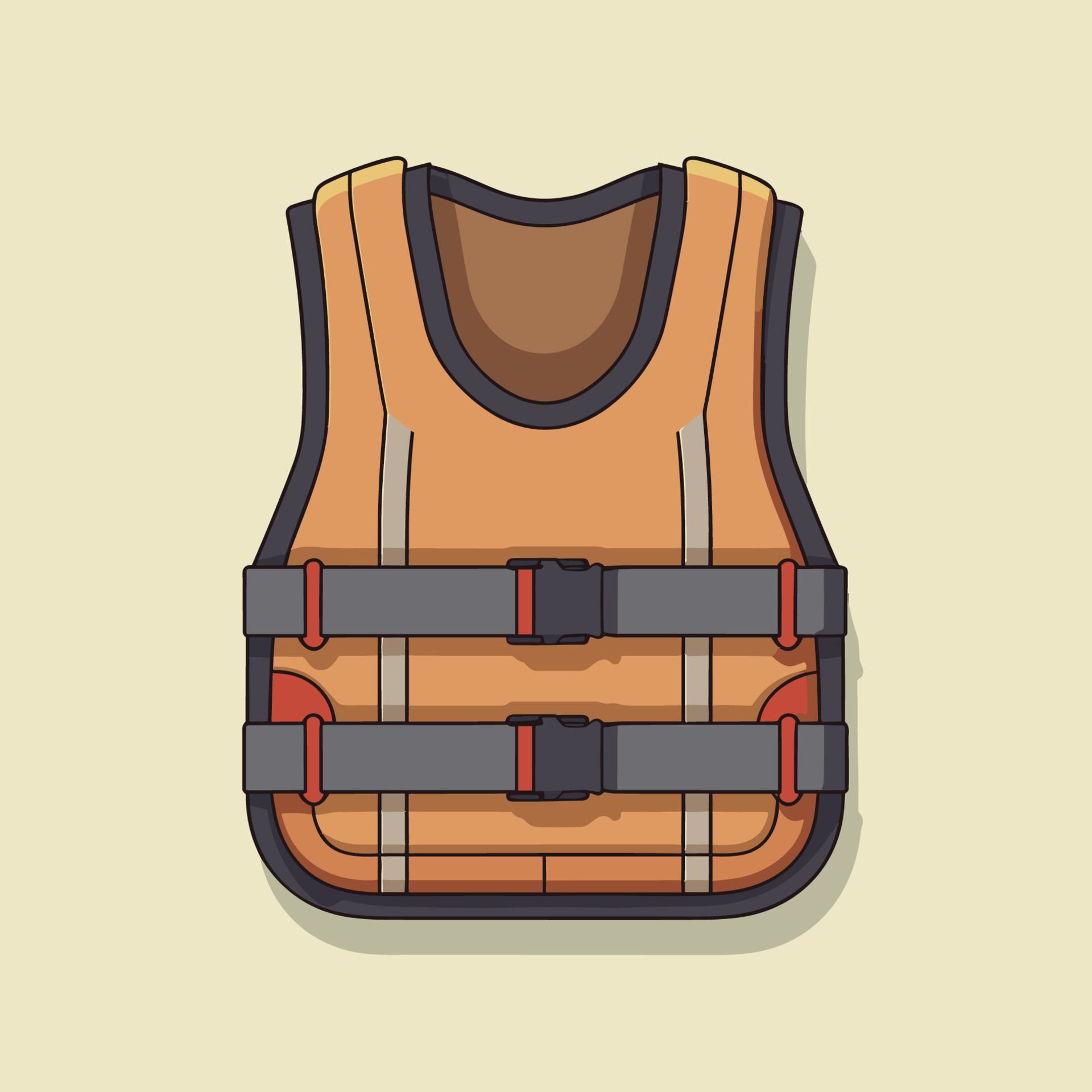 Vector of a flat lay of an orange vest with grey straps on a neutral