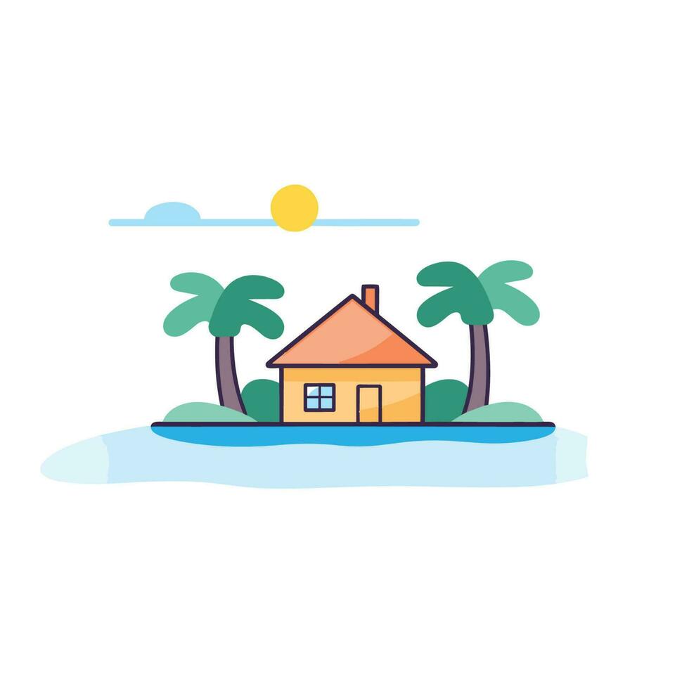 Vector of a tropical island house surrounded by palm trees
