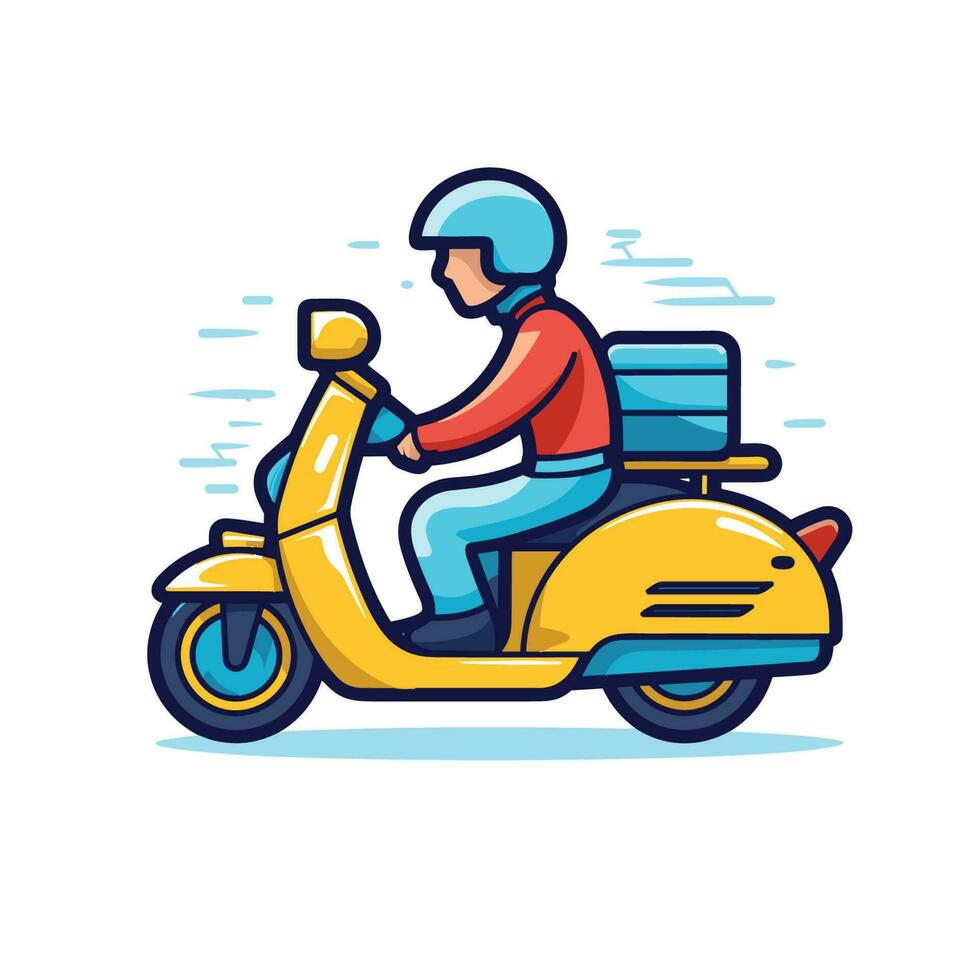 Vector of a man riding a yellow scooter with a box on the back in a flat landscape