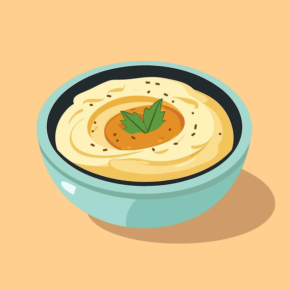 Vector of a beautifully presented bowl of soup with a vibrant green leaf garnish