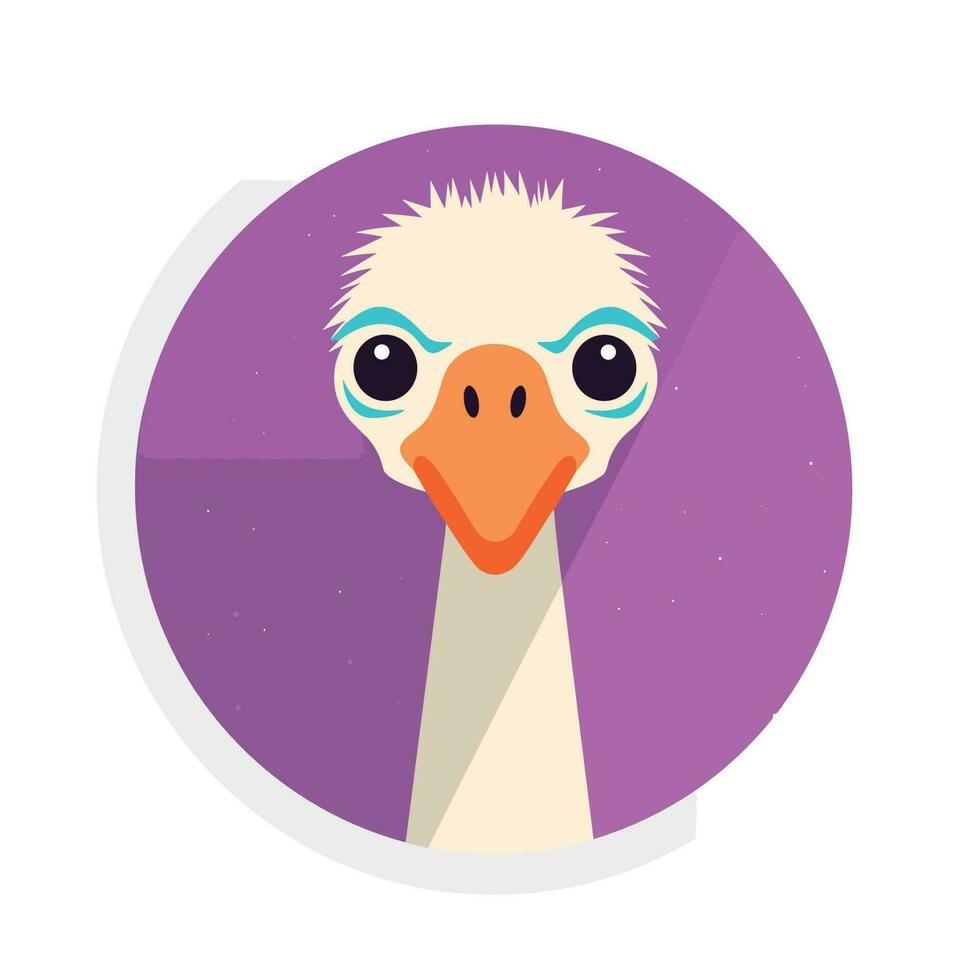 Vector of an ostrichs head in a vibrant purple circle in a flat composition