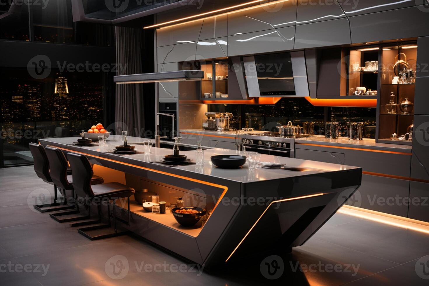 Sleek and inviting luxury kitchen adorned with stylish white LED lighting AI Generated photo