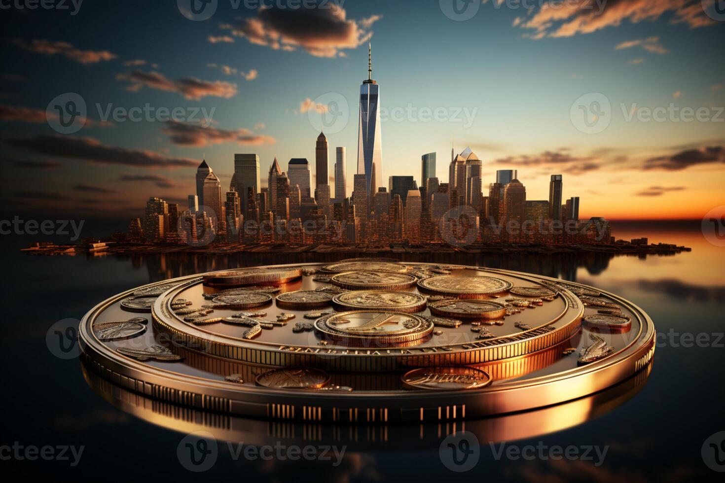 Urban skyline intertwined with coins embodies teamwork in finance and business photo