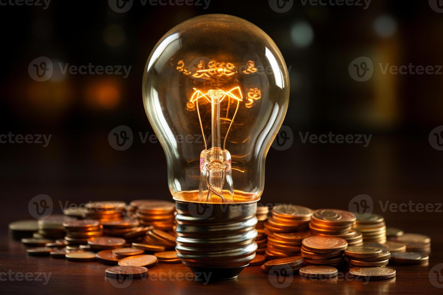 Hand holds a light bulb amidst a stack of coins, representing creative money-saving ideas photo