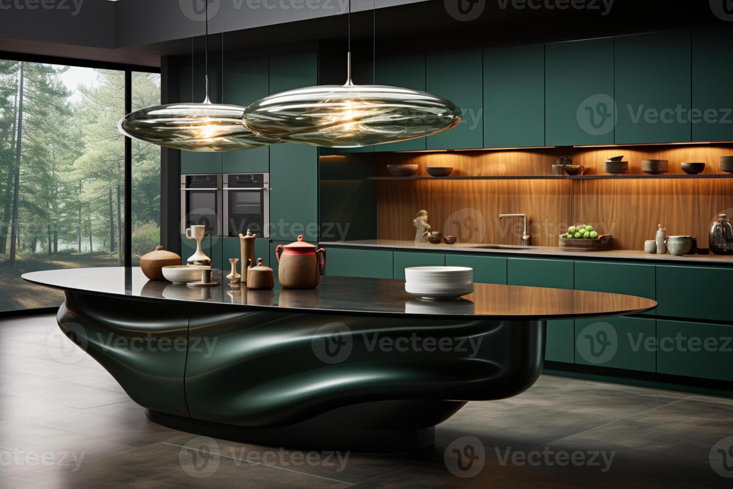 Contemporary kitchen with a central green table in a modern interior photo
