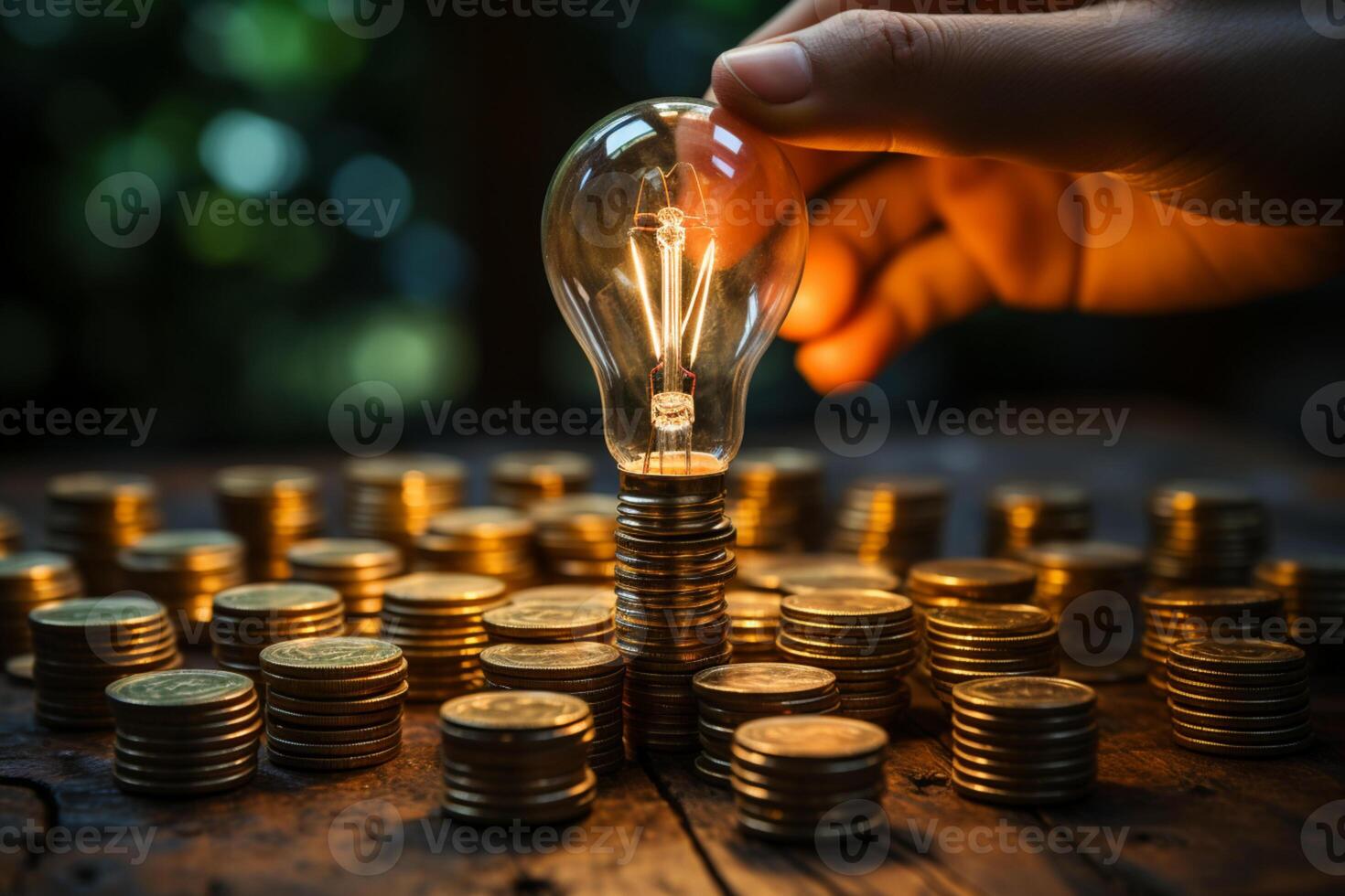 Hand holds a light bulb amidst a stack of coins, representing creative money-saving ideas photo