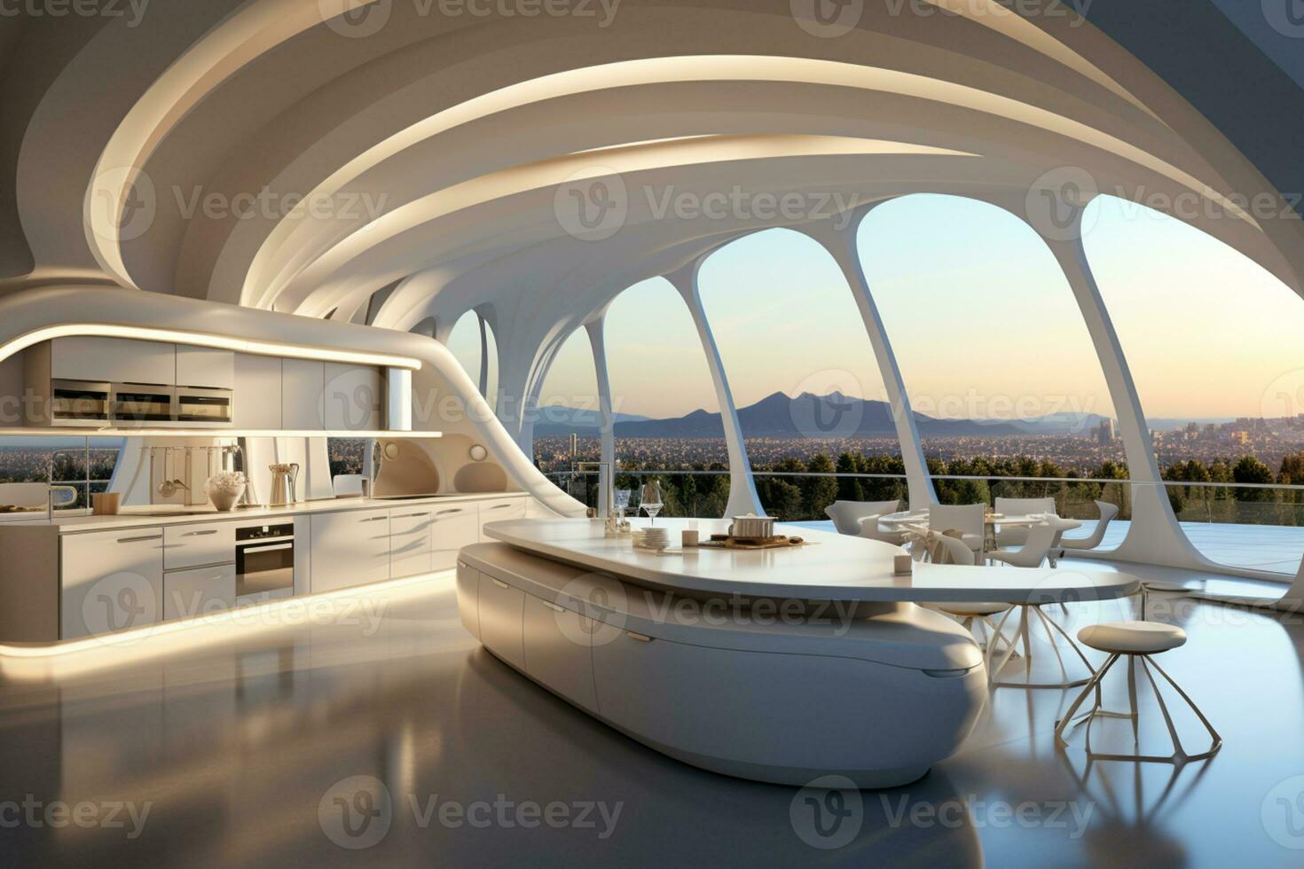 Sleek white kitchen with a large layout, embodying modern luxury AI Generated photo