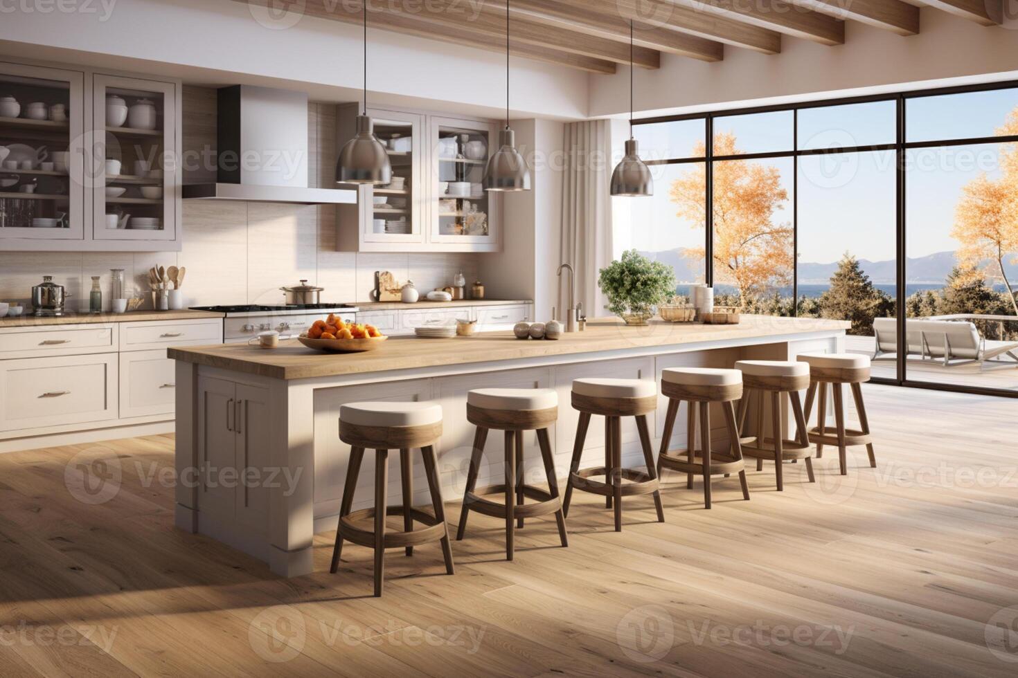 Beautiful white kitchen adorned with a wooden floor and spacious island photo