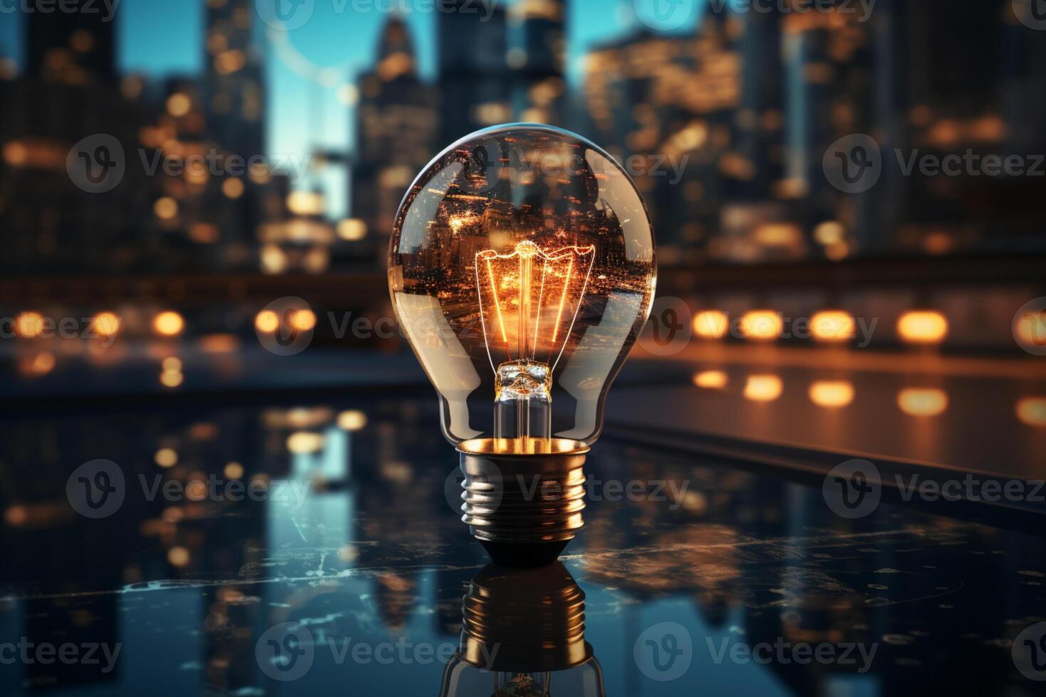 A glowing bulb with a business setting signifies a successful concept photo
