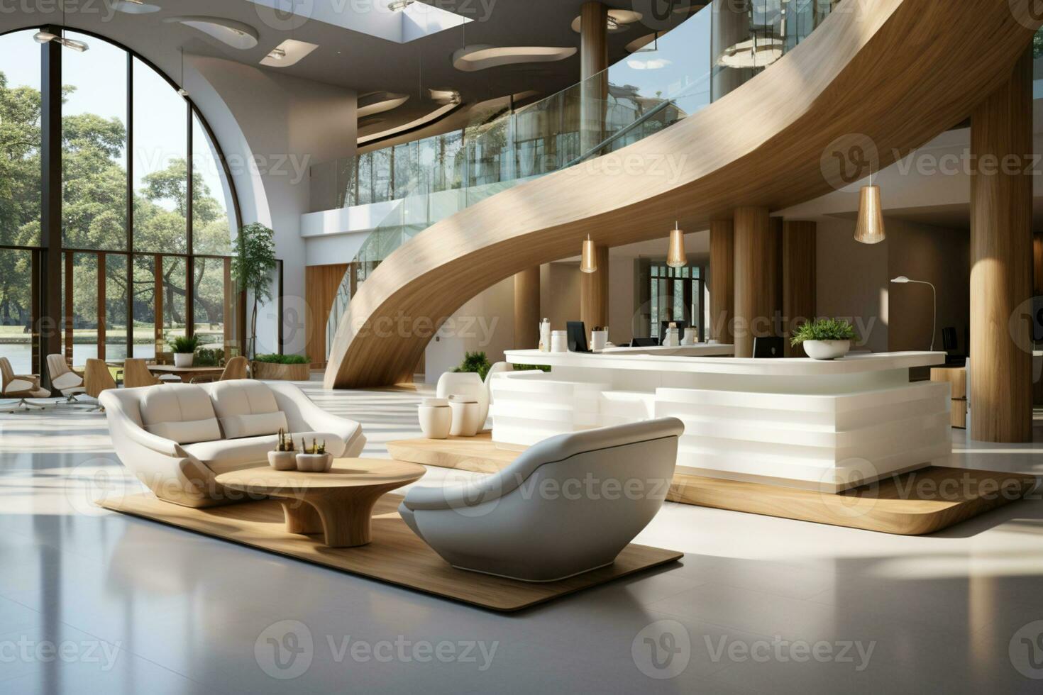 Elegant white and wood lobby design with a stylish reception counter AI Generated photo