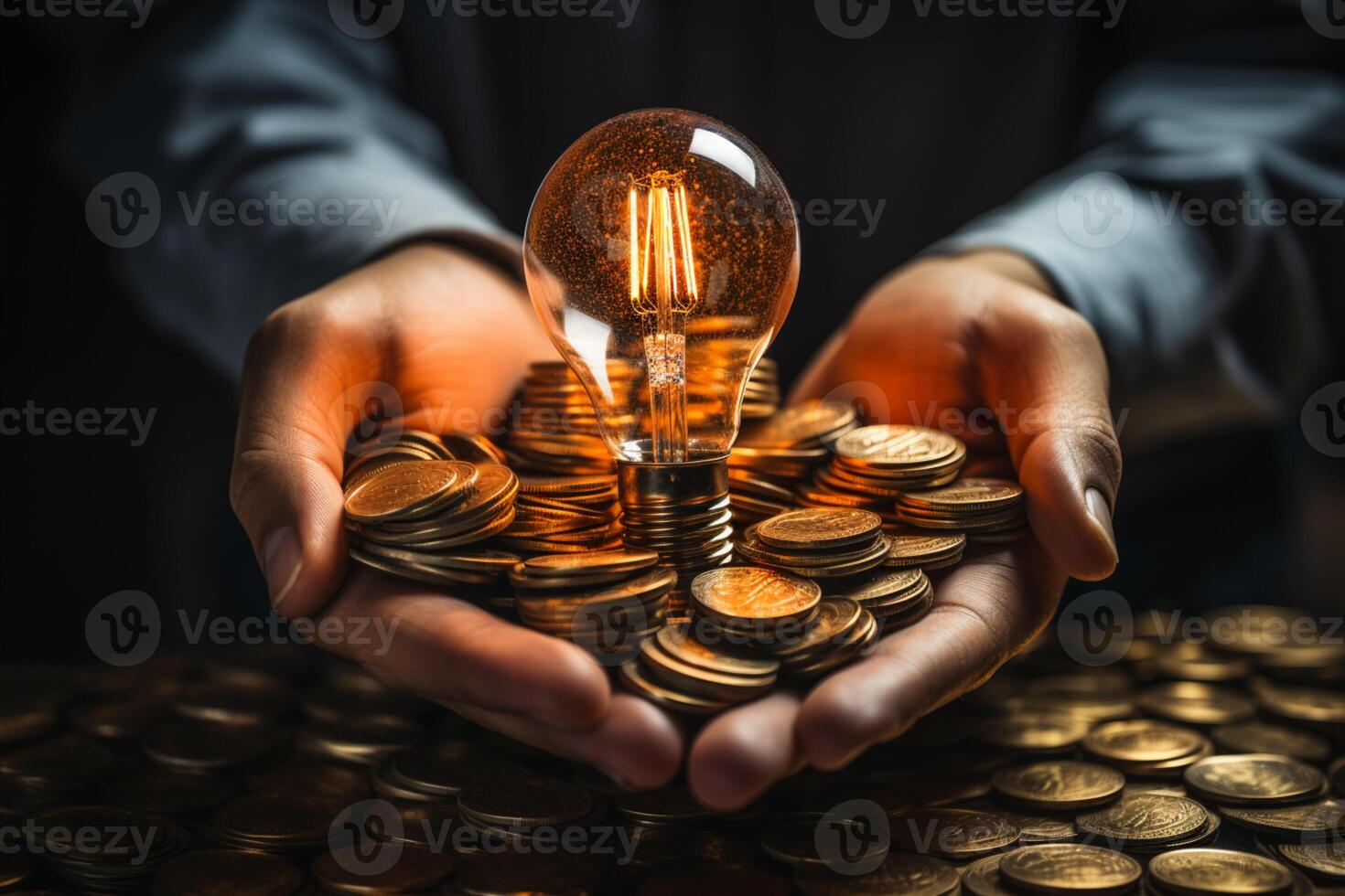 Light bulb held in hand, surrounded by a stack of coins, signifies creative money-saving concepts photo